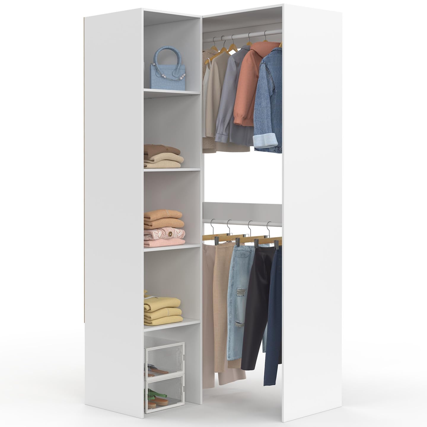 IDMarket - Dressing d'angle modulable L. 90/​127 cm MELMAN double penderie + étagères blanc