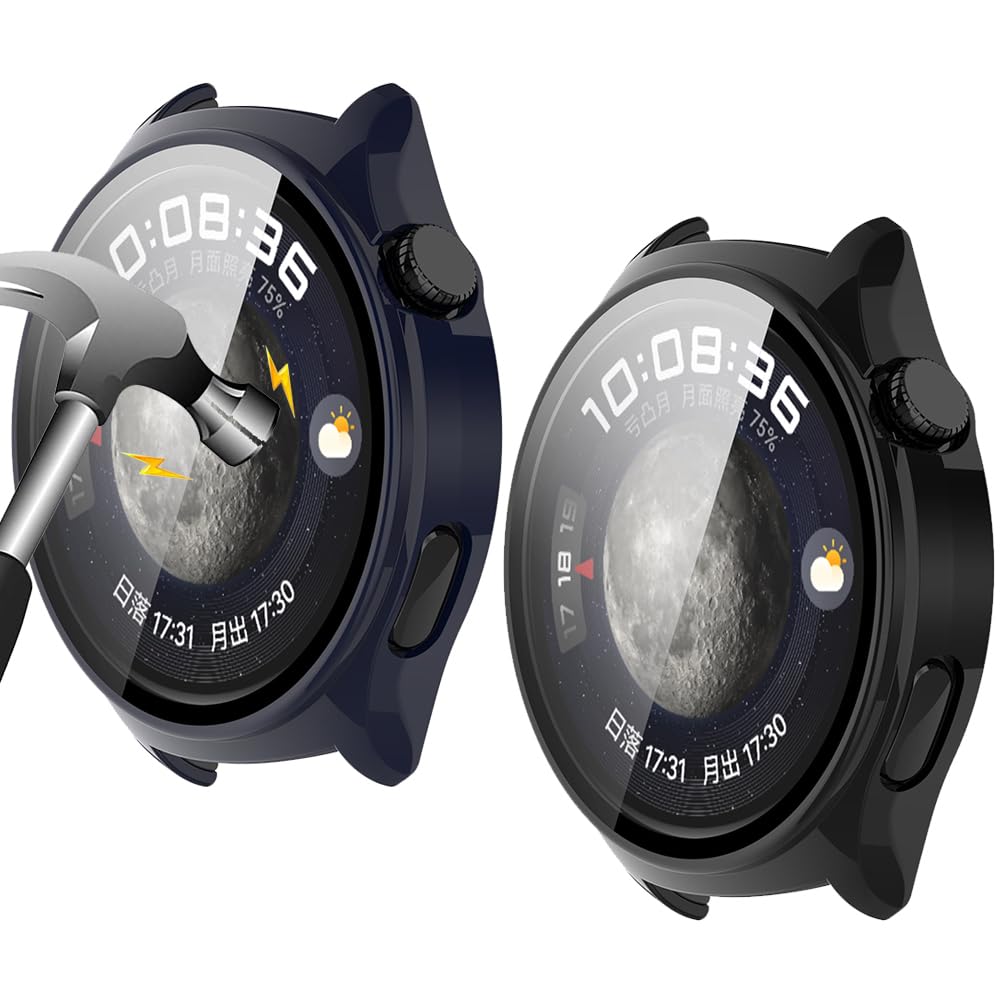 BITONG 2 x Cover Compatible with Huawei Watch 4 Case - Full Body Fitness Tracker Case Set Made of Glass Hard PC All-Round Screen Protector - Blue Black