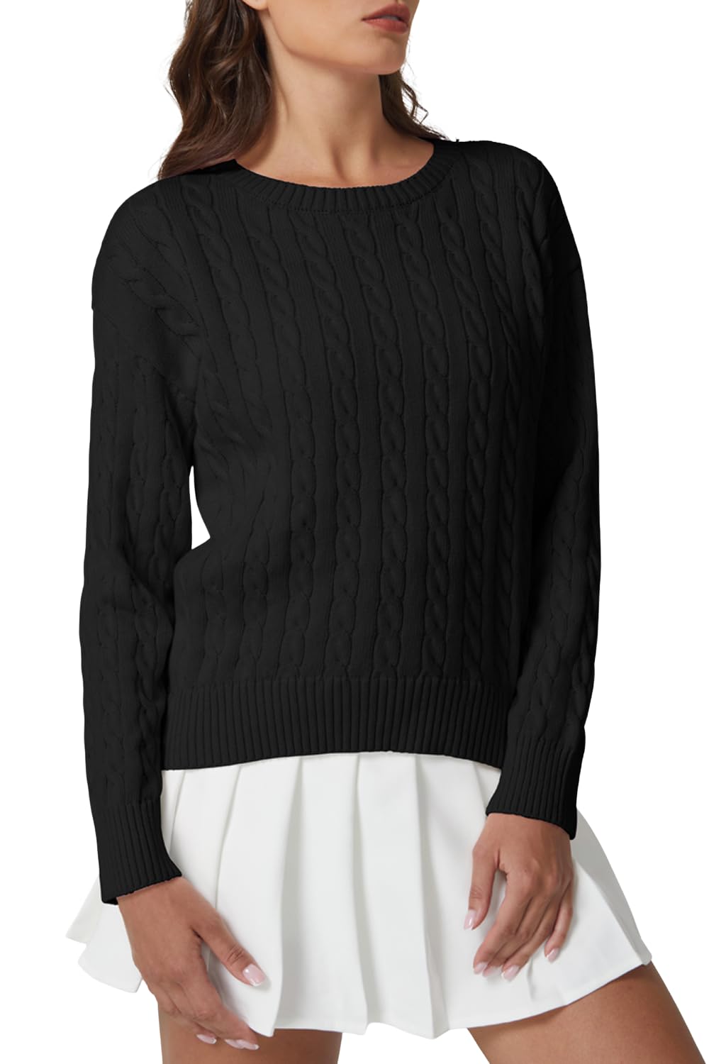 QINSEN Cable Knit Sweater for Women Long Sleeve 90s Vintage Ribbed Pullover Crewneck Sweater Tops