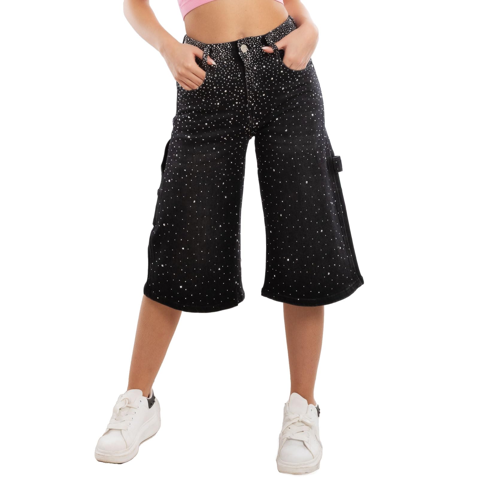 Toocool Bermuda Jeans Donna al Ginocchio Strass Pantaloni Denim Gamba Larga Taglio Carpenter Vita Alta Shorts Streetwear LM762