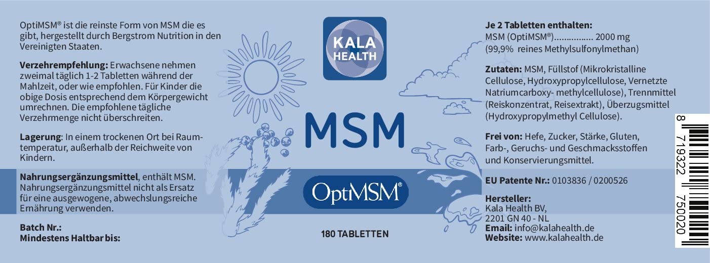 Kala Health - OptiMSM® (Methylsulfonylmethan) Tabletten hochdosiert, 99,9% reines MSM schwefel Laborgeprüfte Herstellung ohne Zusätze in den Vereinigten Staaten
