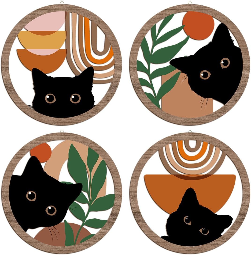 XFN 4PCs 3D Boho Cat Hanging Wooden Wall Art Wall Decor, Botanical Wall Decor Bohemian Decor, Cat Lover Gifts, Wooden Sign Wood Art Wood Plaque Home Decor for Living Room Bedroom Farmhouse Kitchen