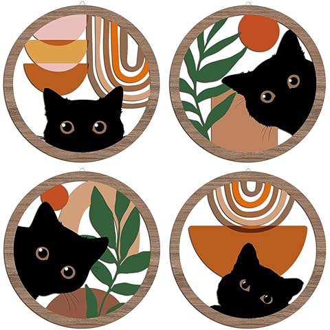 XFN 4PCs 3D Boho Cat Hanging Wooden Wall Art Wall Decor, Botanical Wall Decor Boho Room Decor, Cat Lover Gifts, Bohemian Wooden Sign Wood Art Wood Plaque Home Decor for Living Room Bedroom Farmhouse
