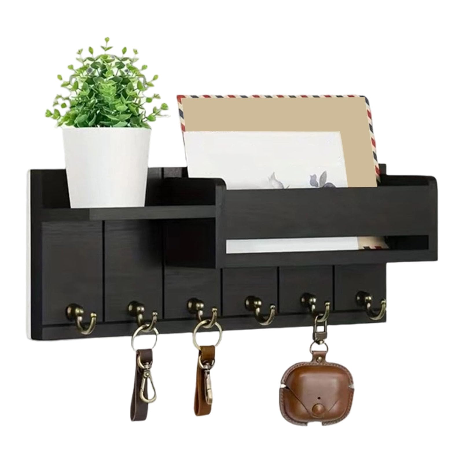 ZEPFJHE Natural Wood Wall Storage Solution Having Multiple Compartments and Hooks for Mail Keeping and Decor Space Saving Wall Rack