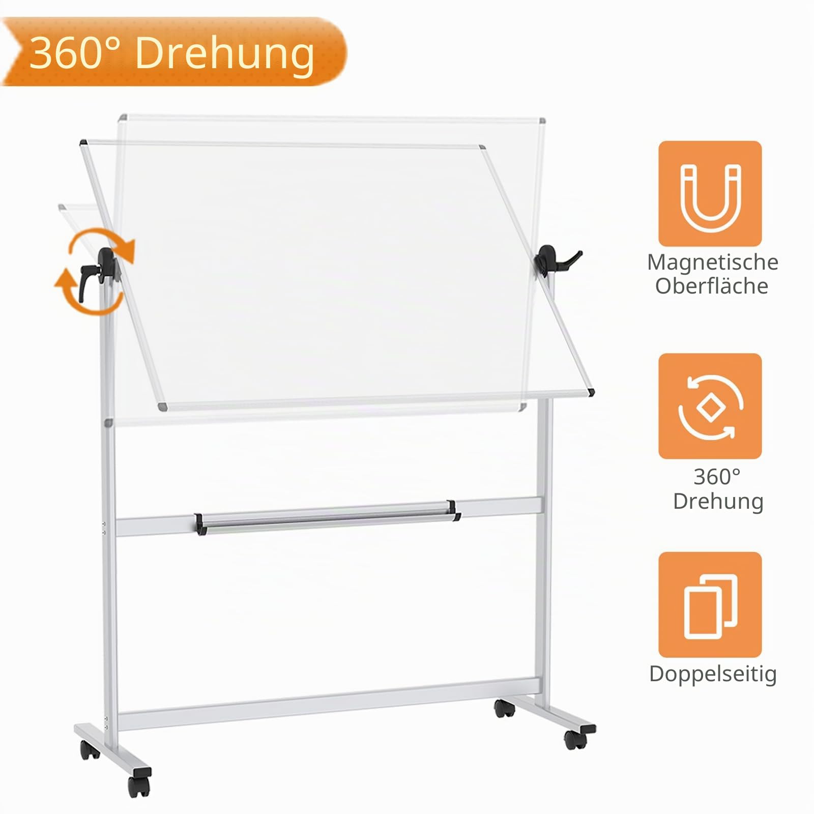 VIZ-PRO Doppelseitiges Magnetisches Drehbares Mobiles Whiteboard, Aluminiumrahmen & Ständer, W1200xH900mm