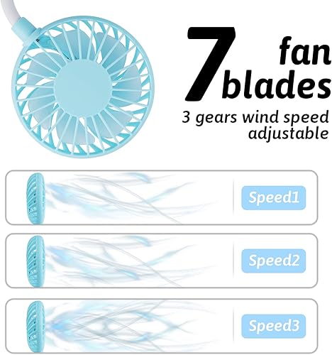Vista 3 de Ventilador portátil para el cuello de mano libre, USB, cuelga del cuello, rotación libre de 360 grados, ventilador de refrigeración personal de Azul