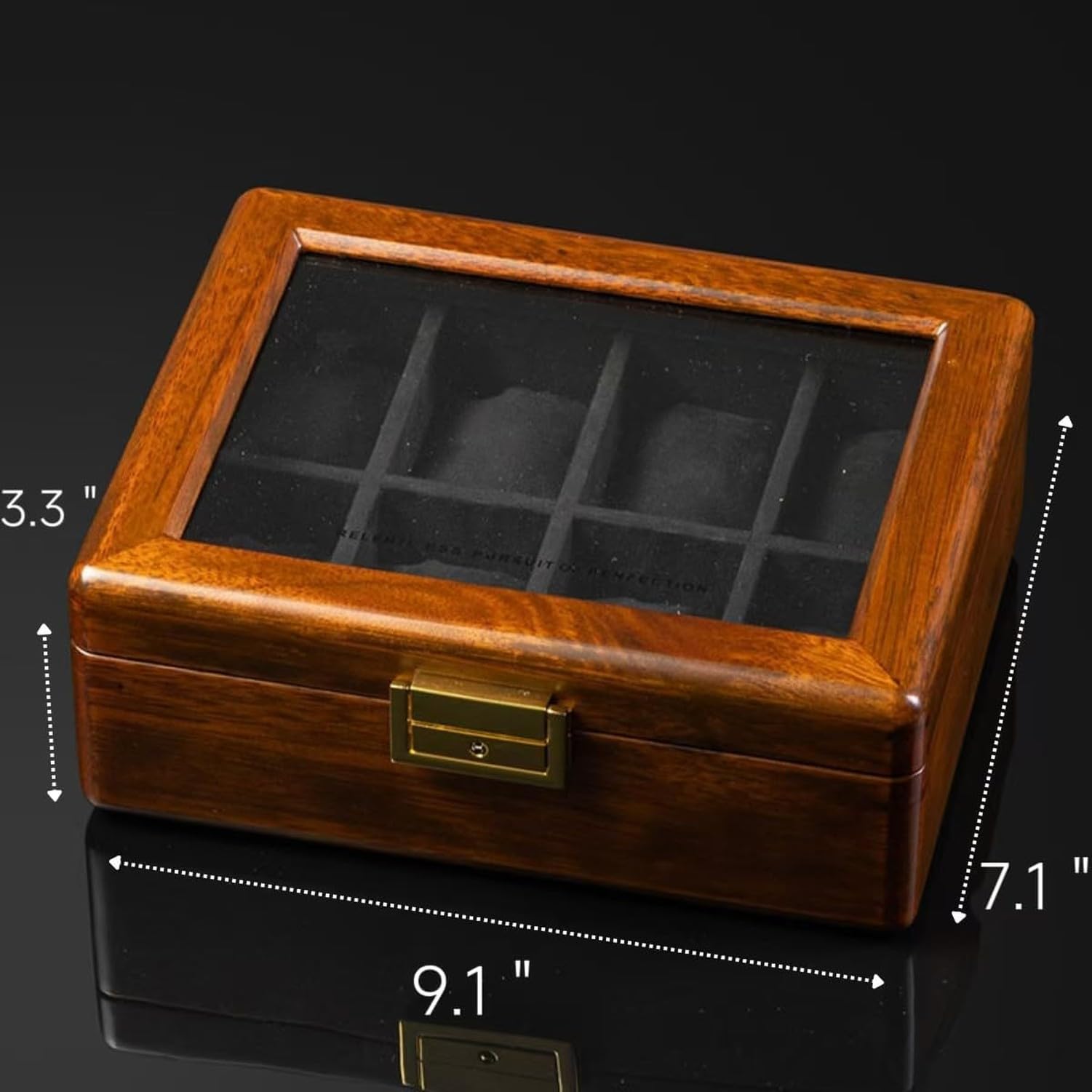 Porta Orologio in Legno Massello 8 Alloggi con Coperchio in Vetro Astuccio da Collezione Noce Custodia Espositiva Organizer, 8 Fodera di Velluto Nero Slot, Legno di Teak Dorato Massiccio