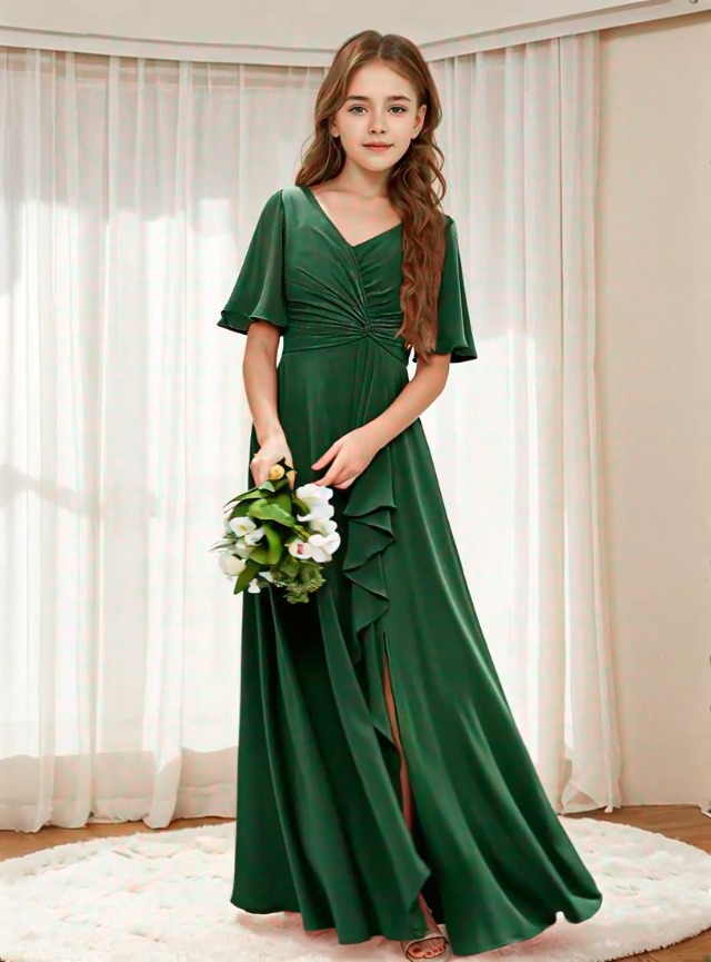 Chyrbaby Kids Junior Bridesmaid Dresses with Slit Peach Chiffon Flower Girl Dress Tween Party Dress JD044 Size 12: Clothing, Shoes & Jewelry
