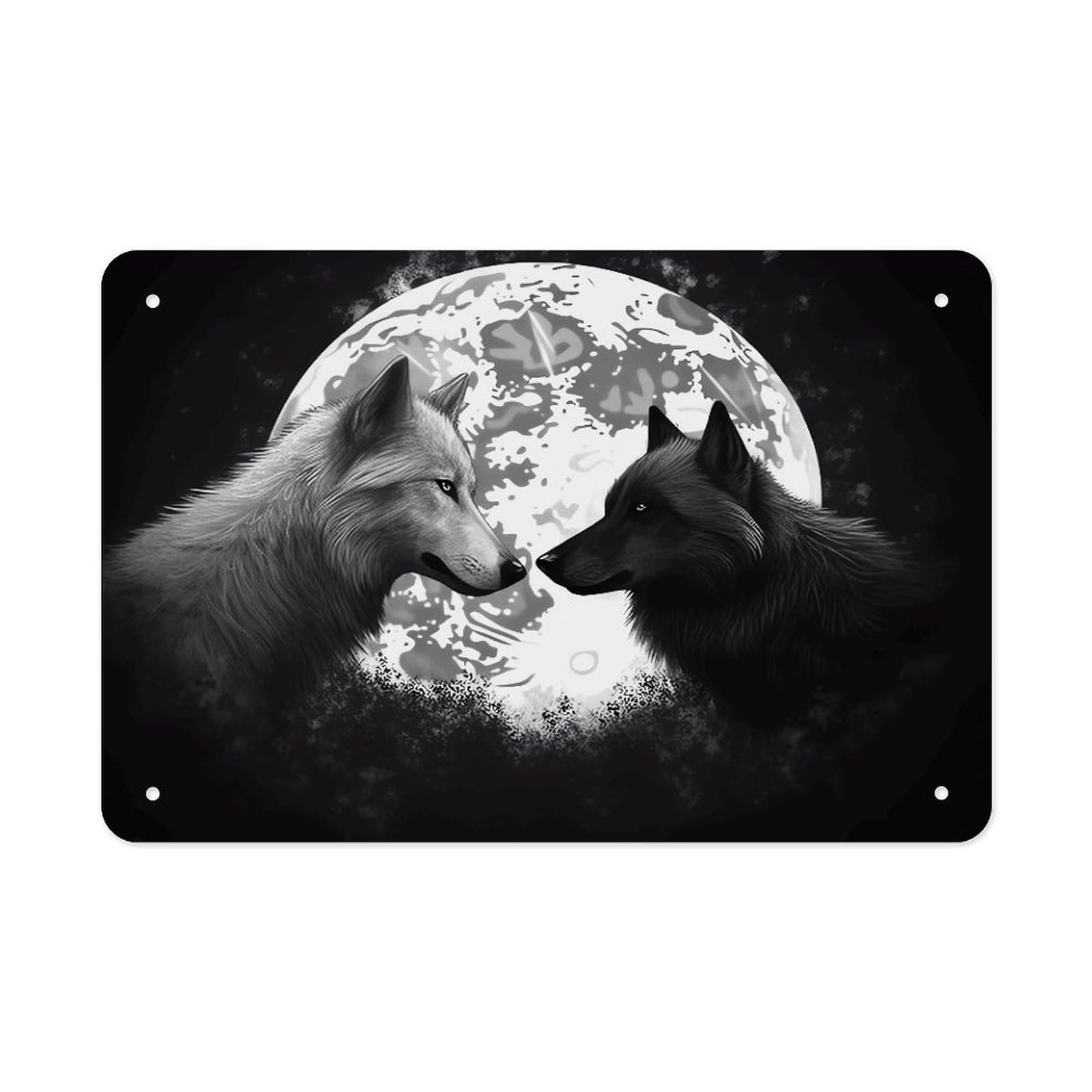 Wolves Love Under The Moon Wild Animal Metal Tin Sign 12"x8" Wall Art Prints Poster Decorative Picture Metal Signboard Decor Painting Folded Edge Iron Sheet Painting with Holes for Wall Decor