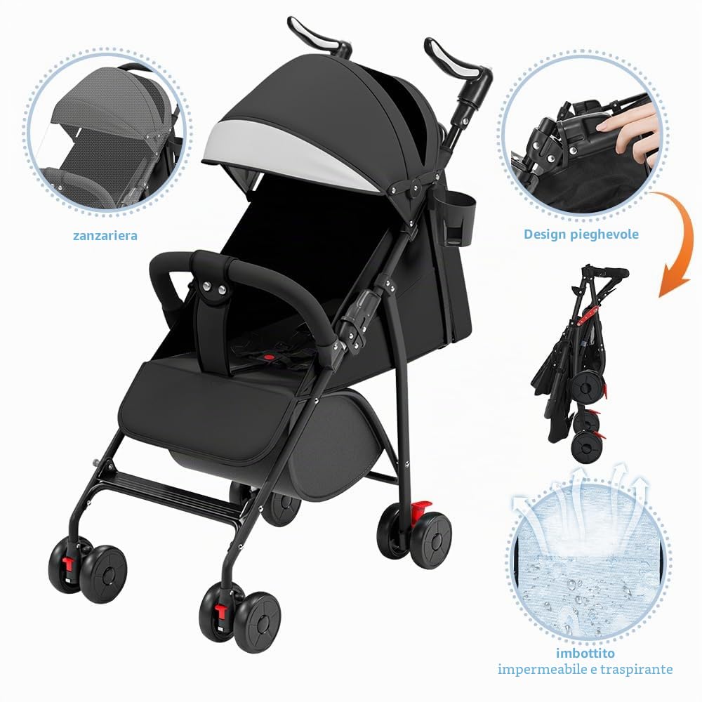 Ingenious, passeggino compatto con posizione sdraiata, dalla nascita ai 4 anni (fino a 25 kg), 47 x 72 x 97 cm, seduto/sdraiato, zanzariera in cotone, nero