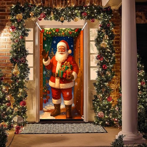 Image of BlissYard Door Cover Christmas Santa Wrapped Boxes 35x71 Inch Polyester