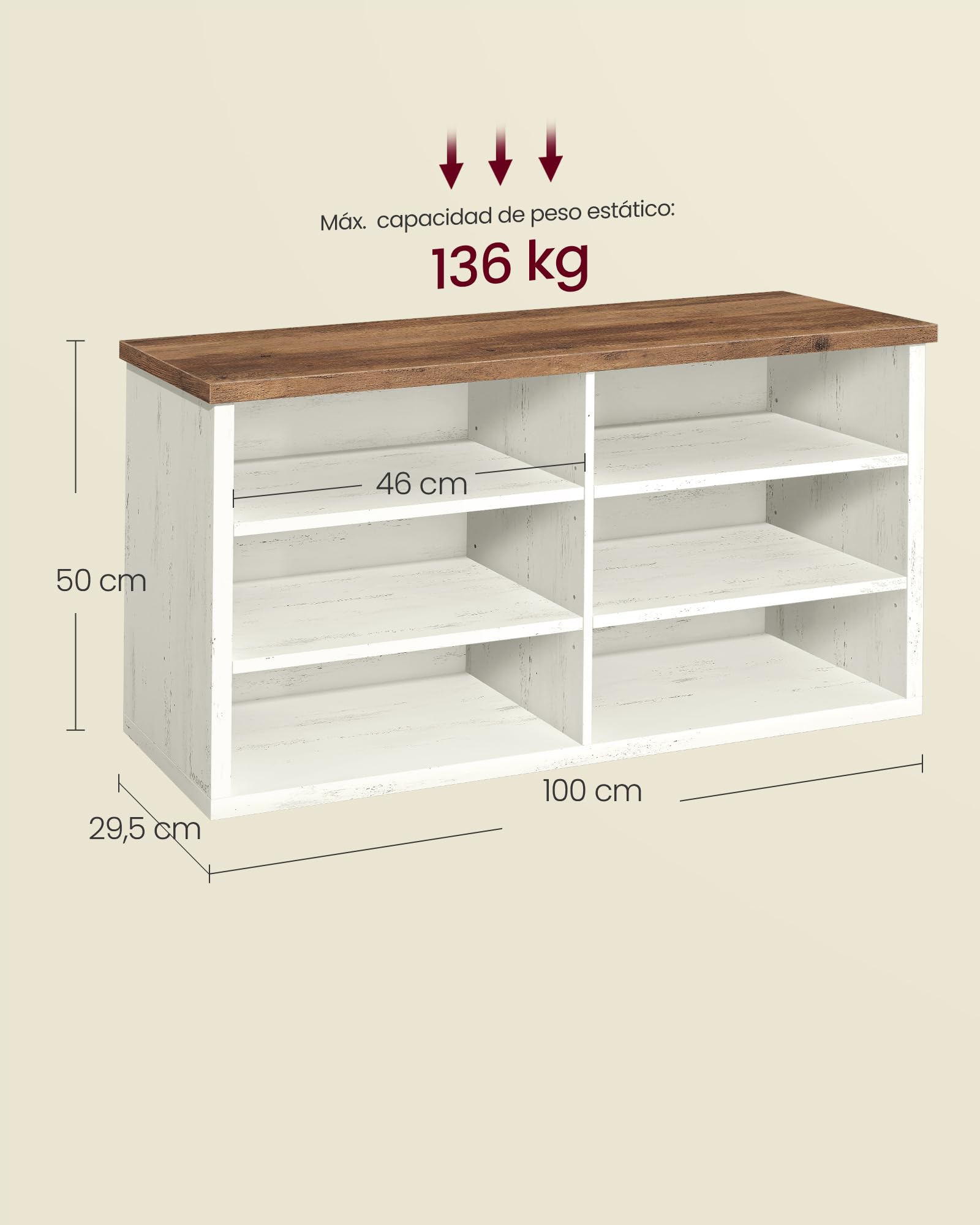VASAGLE Banco Zapatero, Zapatero con Asiento, 6 Compartimientos, Estantes Ajustables, para Entrada, Sala de Estar, 29,5 x 100 x 50 cm, Blanco Rústico y Marrón Miel LSB036W02