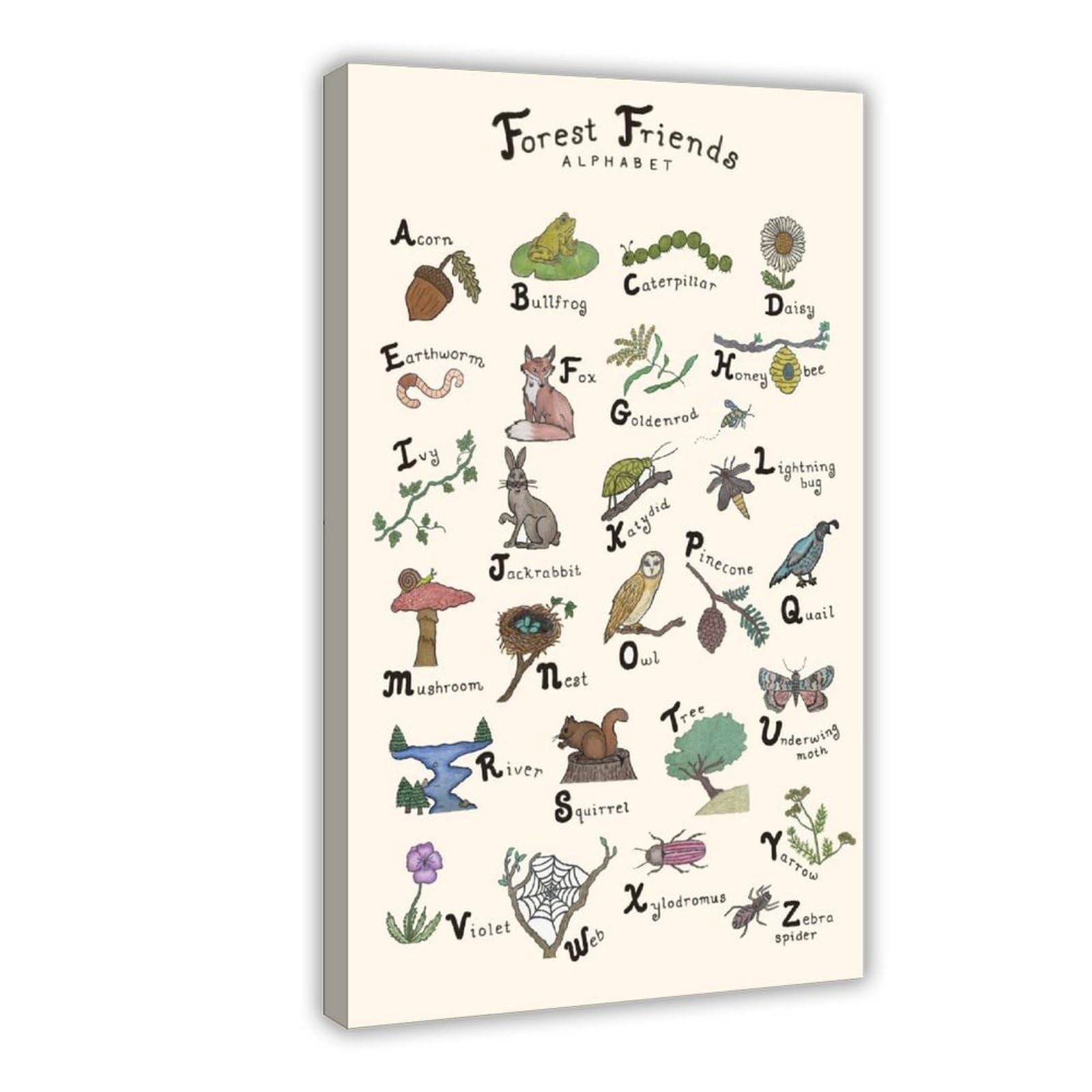 Lettres de l'alphabet de la forêt, animaux de la forêt, décoration éducative pour enfants, poster sur toile, décoration murale pour salon, chambre à coucher, 61 x 91,4 cm (L x l)