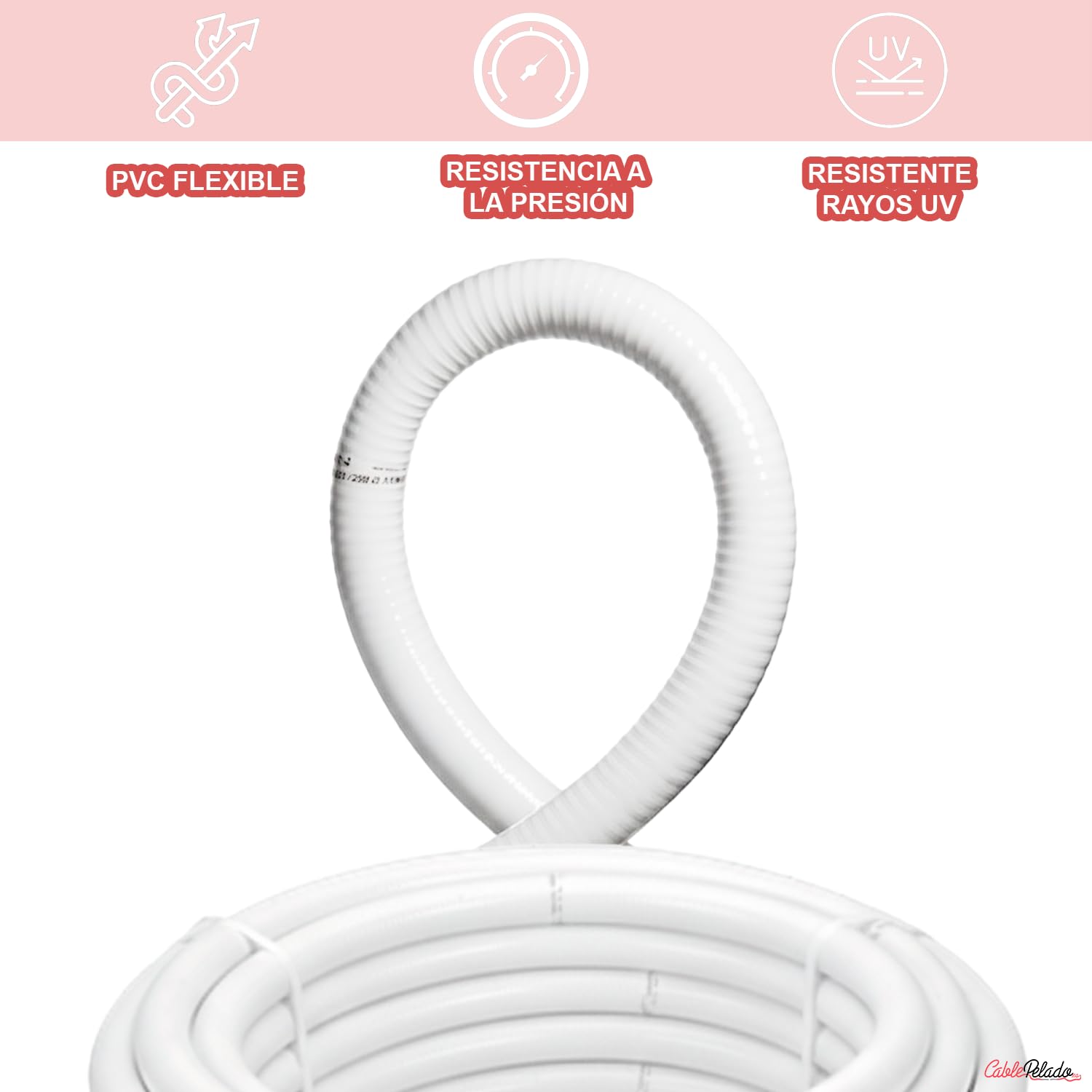 CABLEPELADO - Tubo Flexible Hidrotubo de PVC 16 x 20 mm | Bobina de 25 Metros | Resistente a Presión 30 Bar y Productos Químicos | Blanco