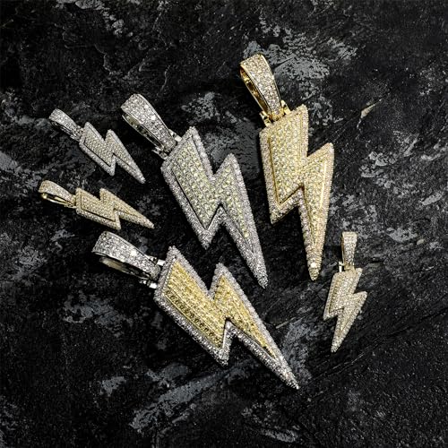 JINAO Hip Hop Lightning Bolt Design Pendant 18k Gold Plated Iced Out Cubic Zirconia Pendant Necklace with Micropave Simulated Diamond for Men Women (Two Colors)