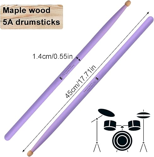 Miniatura 2 de WANDIC Baquetas, 1 par de palos de instrumentos de percusión morados, clásicos, ligeros, de madera de arce para adultos