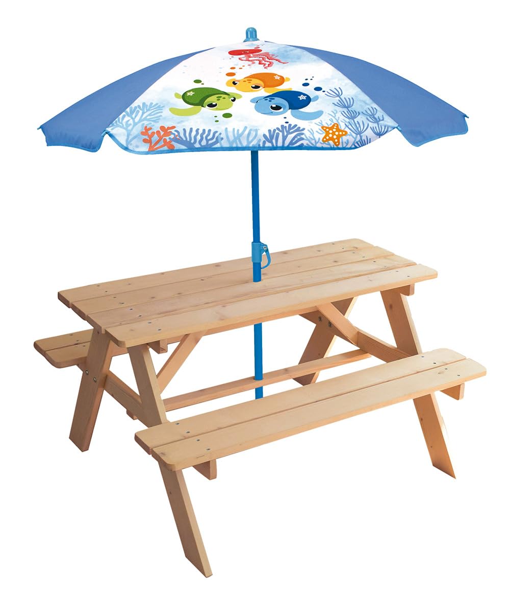 FUN HOUSE MA Petite Carapace Table Pique-Nique H.53 X L.95 X Ø 100 CM avec Parasol Tortue H.125 X Ø 100 CM pour Enfant, Bleu
