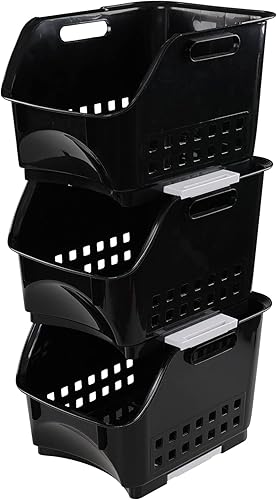 Miniatura 1 de Nicesh Paquete de 3 cubos apilables de plástico, cesta de almacenamiento apilable, color negro