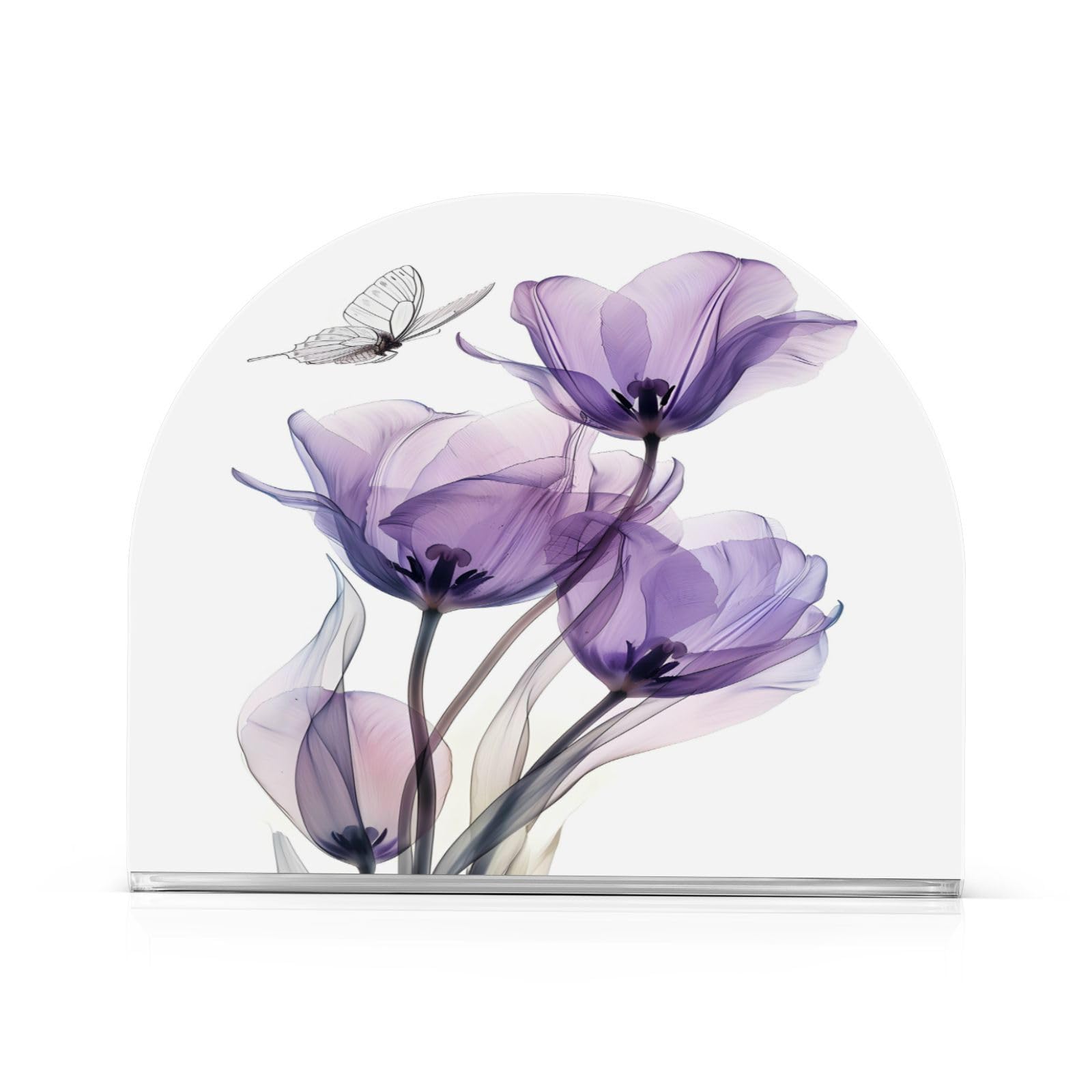 Purple Tulips Flowers Butterfly Napkin Holder for Tables Paper Cocktail Napkin Holders for Kitchen and Dinning, Acrylic Dinner Napkin Dispenser for