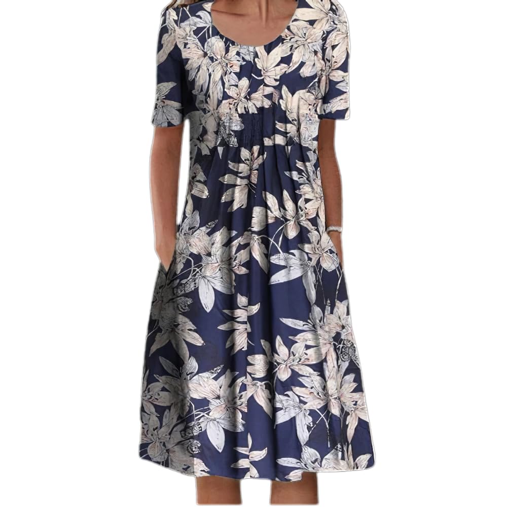 Akivide Women's Summer Boho Floral Short Sleeve T Shirt Dress Casual Loose Swing Tshirt Midi Dresses with Pockets