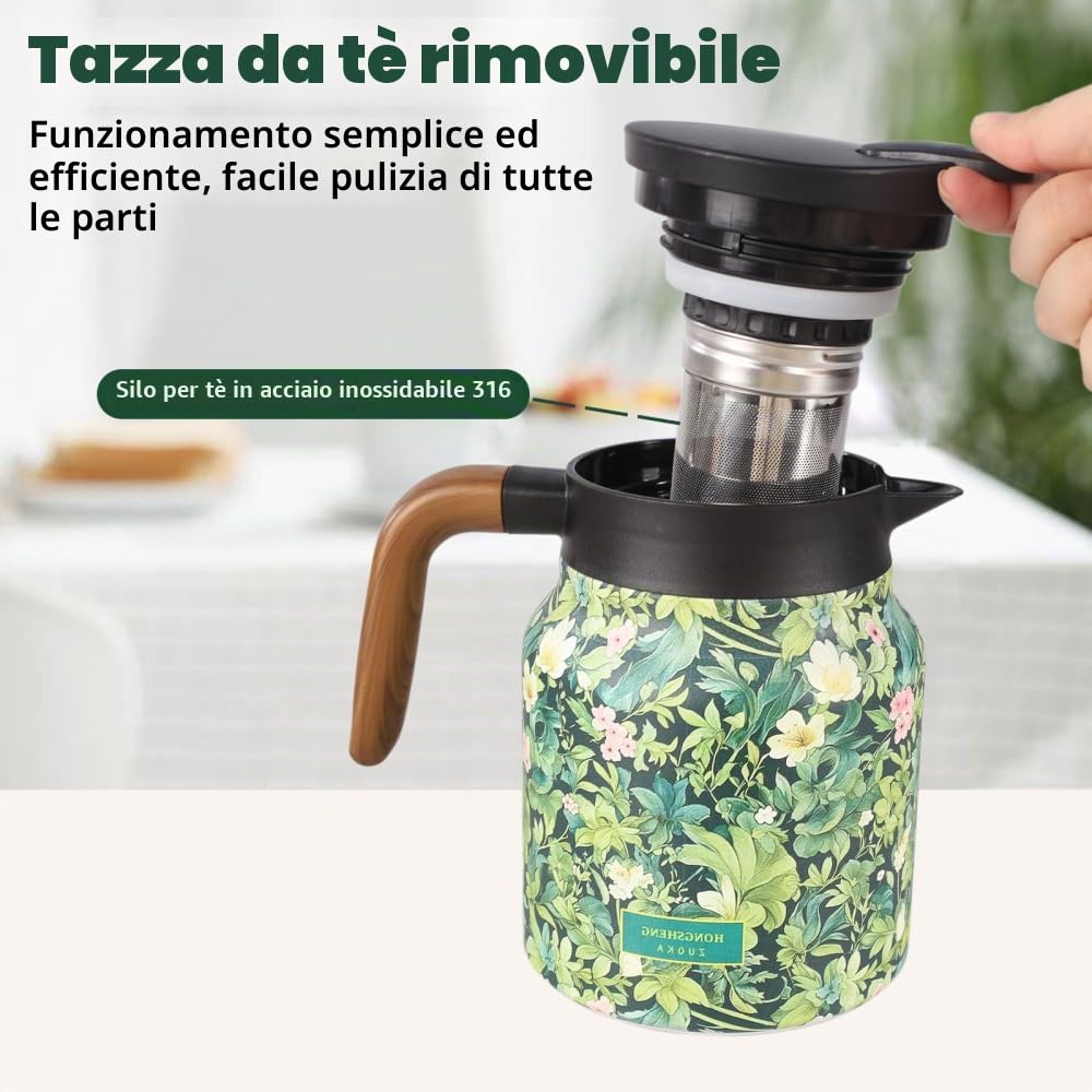 Caraffa Termica per il Tè, 800 ML Thermos a Motivo Floreale in Acciaio Inossidabile 316, Brocca Teiera Termico per Tè con Filtro per il Tè Rimovibile e Coperchio, Caffè, Bevande Calde