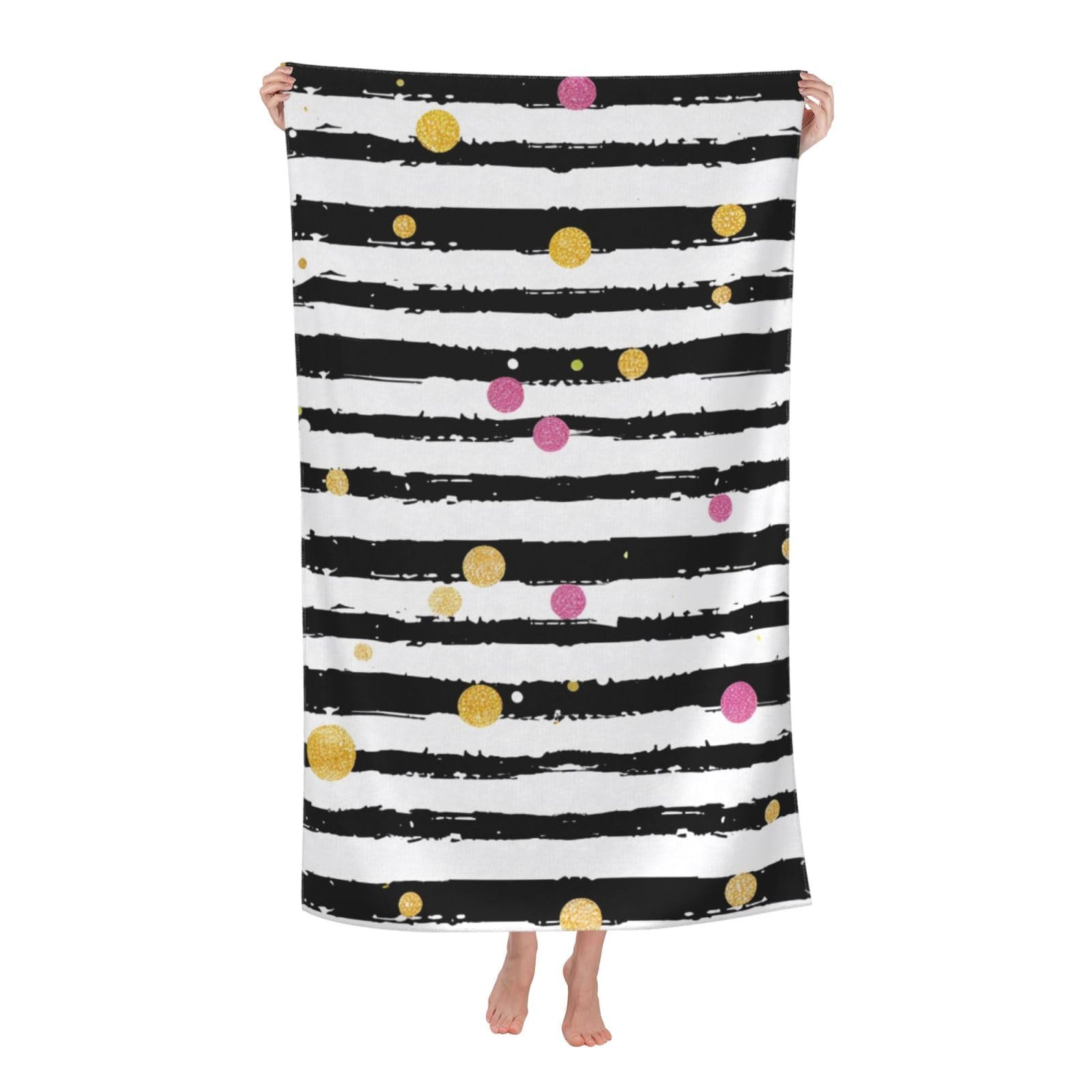BWWHCCTI Glitter Rainbow Polka Dot Stripe Black and White Printed Quick Dry Bath Towel, Soft Microfiber Towels Fast Drying Beach Towels for Travel,Camping,Gym,Swimming,Yoga