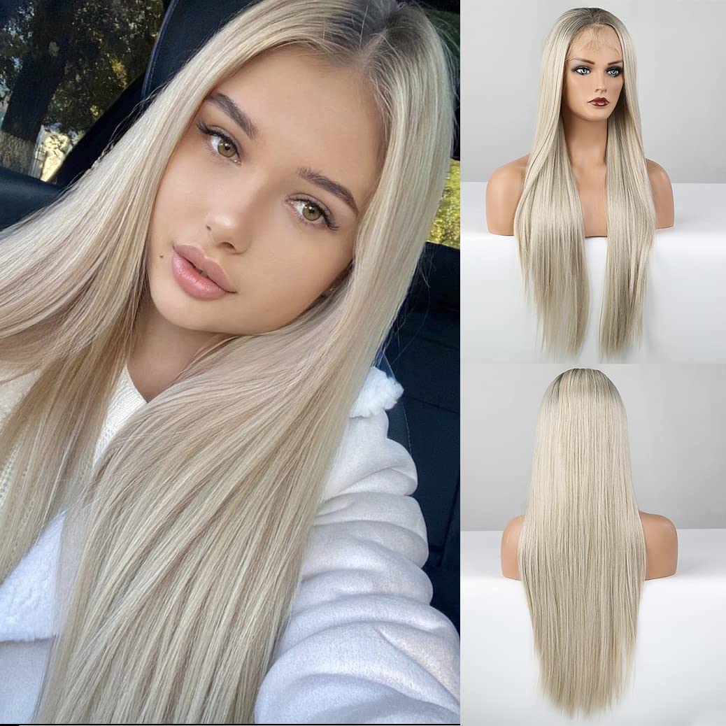 HAIRCUBE Blonde Lace Front Wigs, Ombre Platinum Blonde Long Straight Wigs Natural Hairline with Baby Hair 26 Inch HAIRCUBE Blonde Lace Front Wigs, Ombre Platinum Blonde Long Straight Wigs Natural Hairline with Baby Hair 26 Inch
