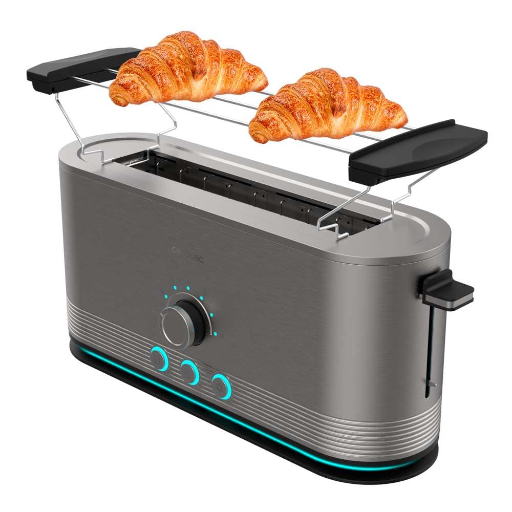 Cecotec Tostadora Vertical de Acero con Ranura Larga Shine&Toast Extra. 1050W, Capacidad para 2 Tostadas, Ranura Ancha de 3,8cm, Anillo Luminoso, 7 Niveles de Tostado, Varillas Superiores
