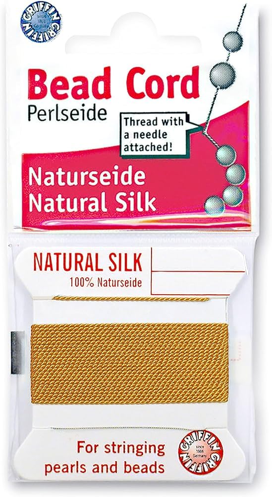 Griffin Silk Bead Cord Perlseide – Amber Color – Size 14 (1.02mm) – 2 Meters per Card – Stainless Steel Needle Attached – for Knotting Pearls, Gemstones, Crystals and Beads