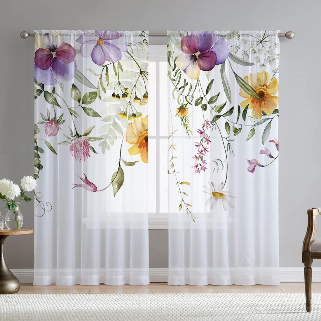 Fereyis Floral Sheer Curtains for Living Room 84 inch Length 2 Panels Set Elegant Purple Yellow Flower Printed Window Curtain Chiffon Drapes for