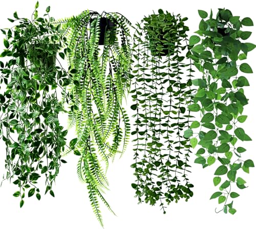 Roqueen 4 Piezas Plantas Artificiales Colgantes para Estantería, Enredadera de Eucalipto en Maceta Falsa, Mandala Rebe, Helecho de Boston, Pothos en Pot para Inicio Habitación Pared Estantería Interio
