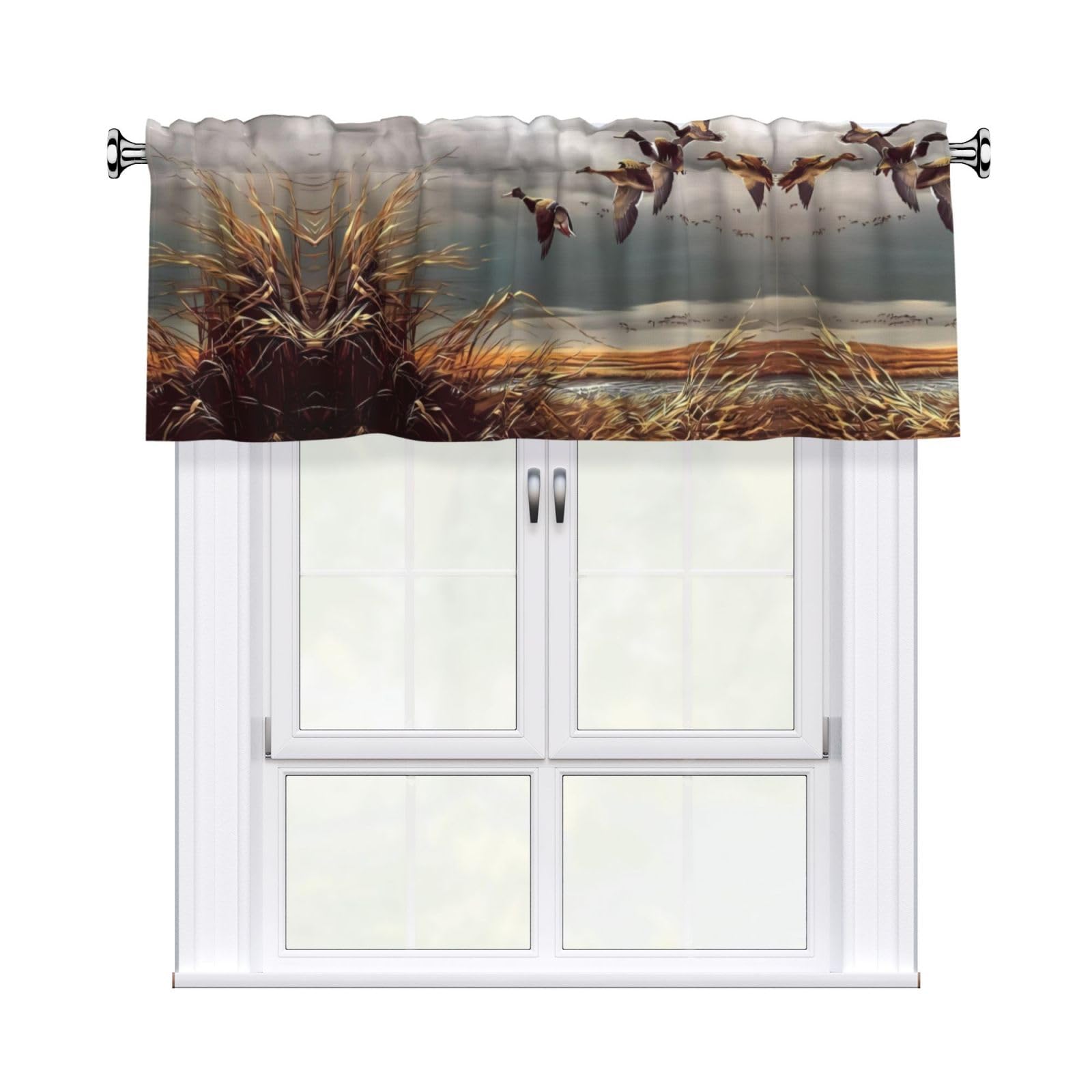 WHJSHOP Hunting Flying Wild Ducks Prints Curtain Valance 54x18in - Peach Skin Kitchen Window Layer, Filtered Light & Quick-Install Rod Pocket Cover