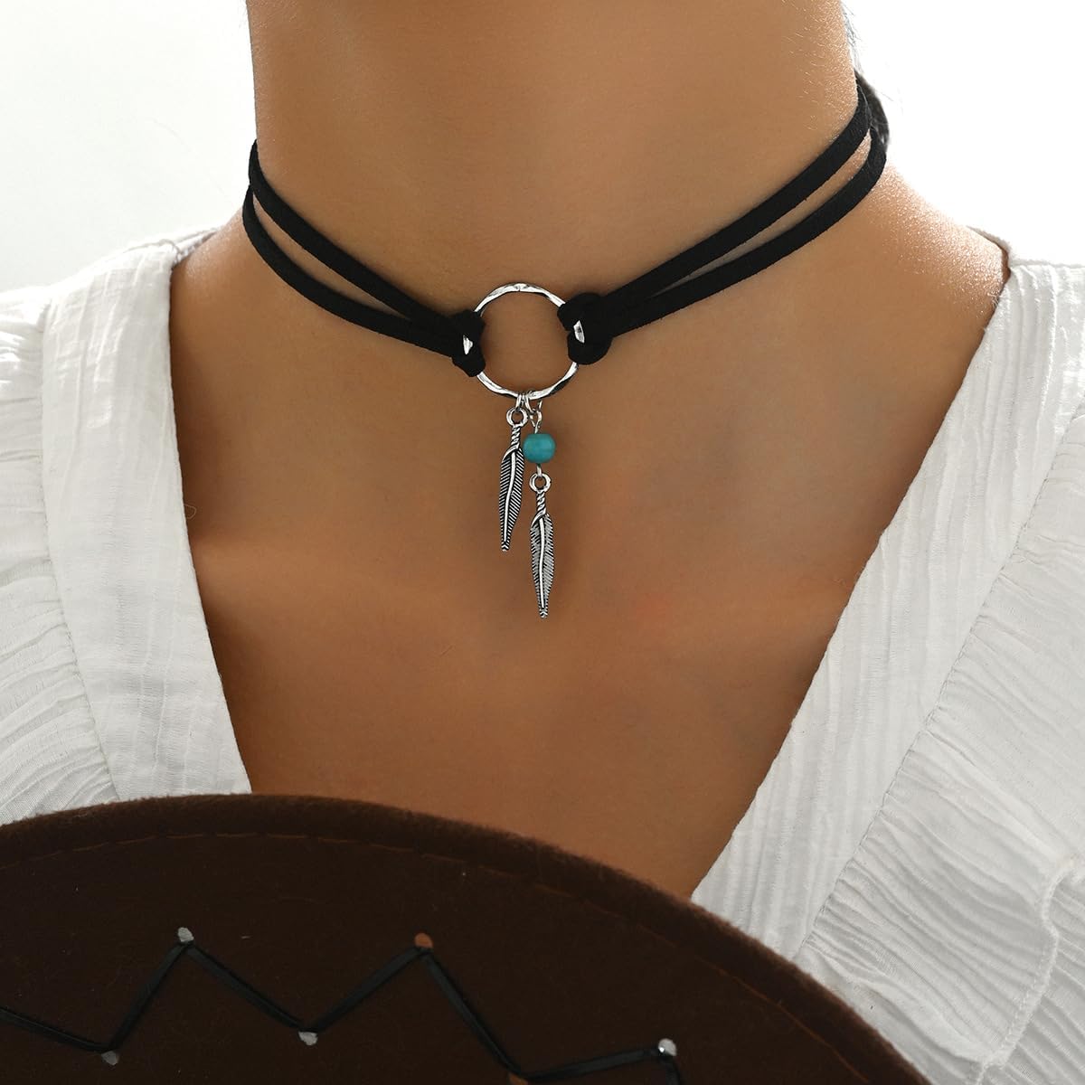 Bohemian Turquoise Leather Choker Necklace for Women Vintage Handmade Feather Layered Black Brown Suede Western Cowlady Necklace Western Country Party Jewelry Gifts - Image 5