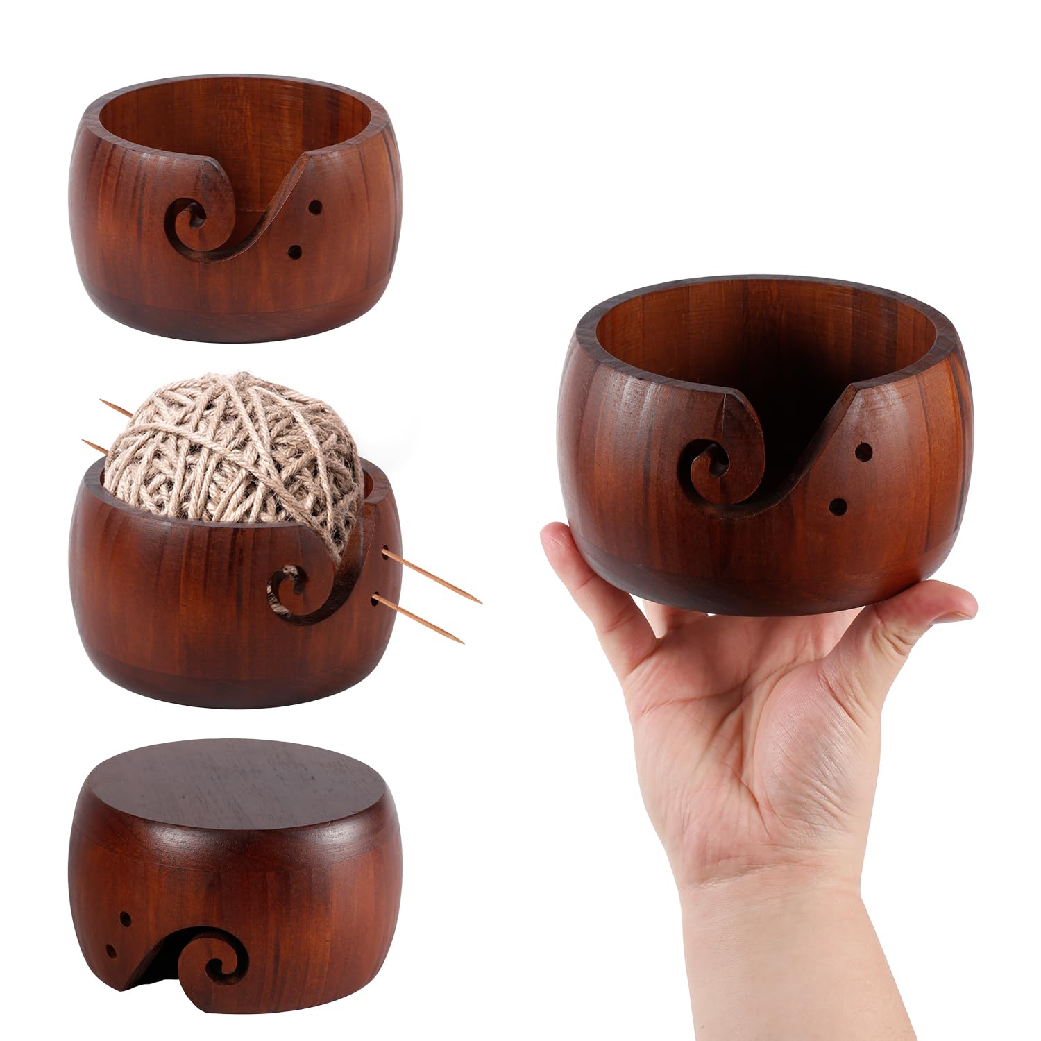 6'' Wooden Yarn Bowl Holder, Yarn Bowls for Crochet Knitting Bowl Storage Organizer with Holes and Groove Prevent Slipping Crocheting Accessory for Knitters & Crocheters - Image 3