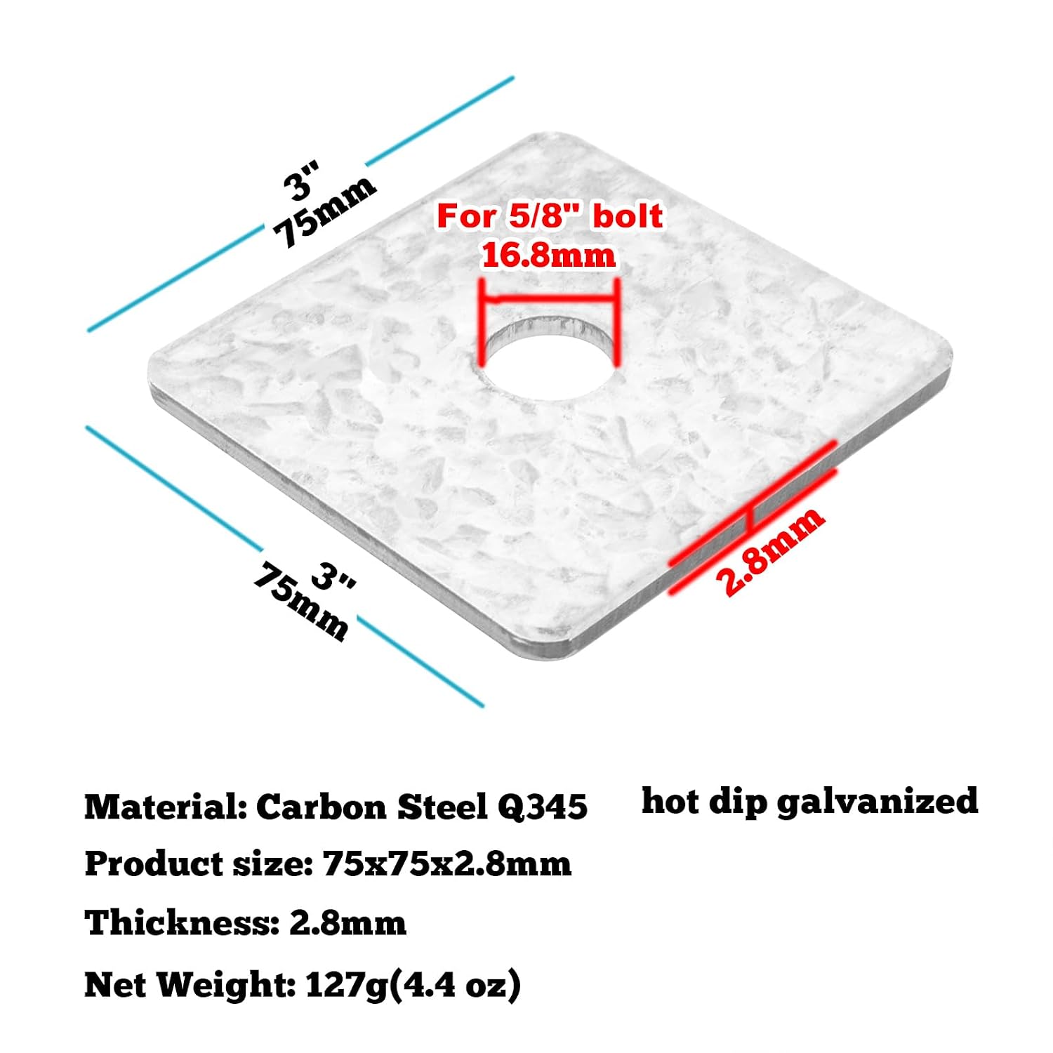 GBGS 20 Pcs 5/8" Bolt Square Plate Washers, 3"x3",1/8" Thick Hot-Dipped Galvanized Steel