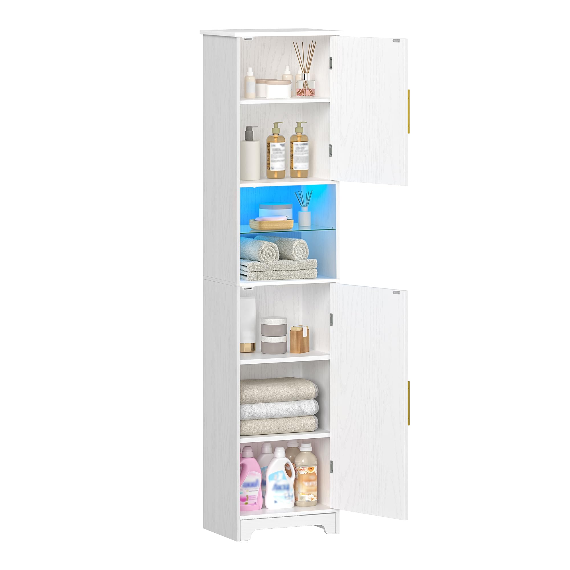 Hzuaneri Badezimmerschrank, Badschrank, Hoher Schrank Mit Farbwechselnden LED-Leuchten Und 2 Türen, Verstellbare Einlegeböden, Wohnzimmer, Badezimmer, 30 X 40 X 170 cm, Weiß SC28213X
