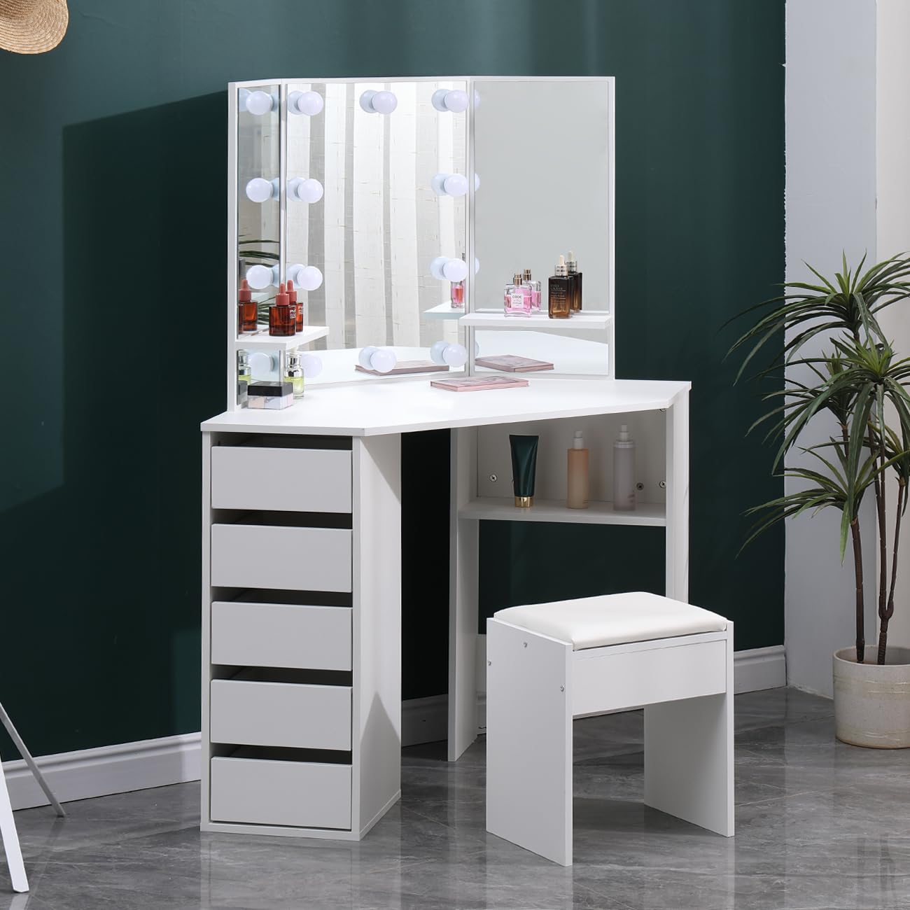 ホワイトドレッサー・三面鏡・LED付き♡ 【机のみ　※椅子は別で出品】 Amazon｜HomeSailingドレッサー 三面鏡 ライト付き 化粧台 女優