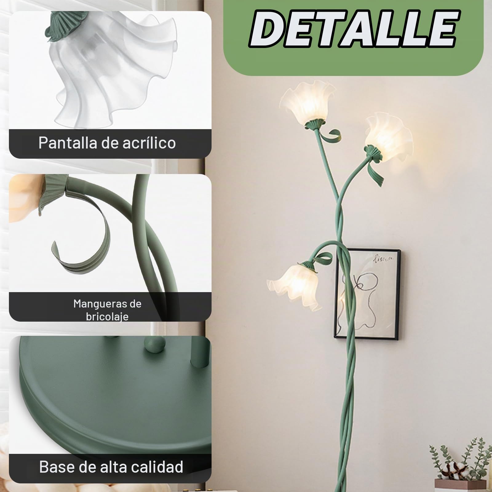 Lampara De Pie Verde,Lampara De Pie Salon De Hierro Ajustable Libremente A 360° E27,LáMpara De Pie De Estilo Europeo De 170 Cm Adecuada Para Sala De Estar,Oficina,Dormitorio,Incluidas 3 Bombillas