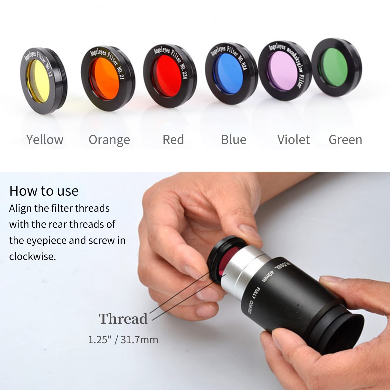 Set di filtri per lenti con filtro lunare da 1,25 pollici, set di 6 filtri colorati (giallo + arancione + rosso + verde + blu + viola), filtro per oculari del telescopio, vetro ottico in lega di allum