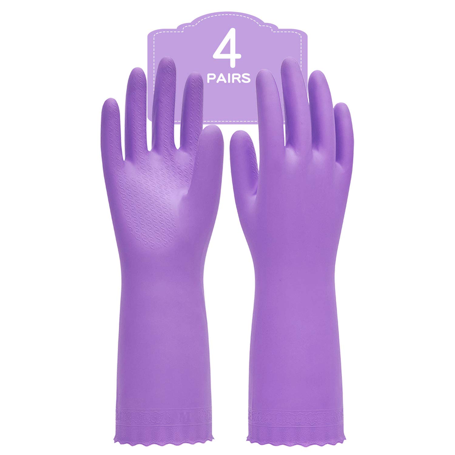 PACIFIC PPE4Pairs Household Glove Reusable Cleaning Dishwashing Gloves-Latex Free Waterproof PVC Gloves for Kitchen,Gardening Gloves Flocked with Cotton Liner(Purple,L?