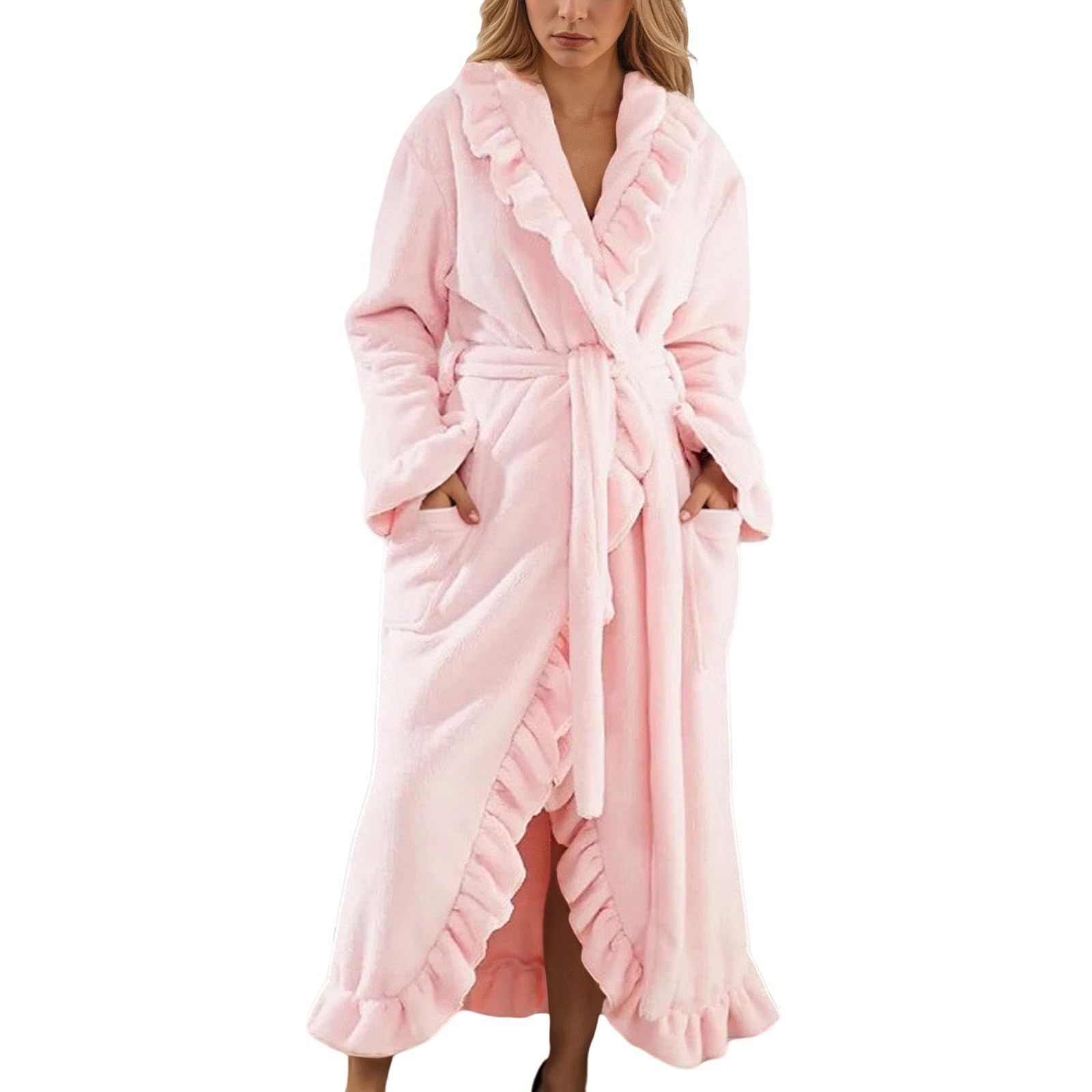 Generisch Damen Einfarbiger Flanell-Bademantel Langärmelig Thermo Loungewear Kimono Hausmantel für Komfort Elegante Winterbekleidung mit Kragen Gürtel Taschen