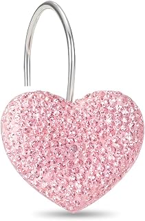 Pink Heart Shower Curtain Hooks Cute Sparkly Crystal Rhinestone Valentine's Day Shower Curtain Rings Decorative Rhinestones Holder Bling for or Mother Daughter Sister Girl Friends Bathroom Accessories