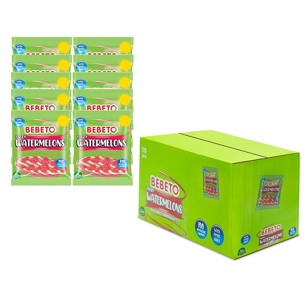 Bebeto Fizzy Watermelons (150g), Real Fruit Juice + No Artificial Colours + Halal Certified Sweets, Pack of 10, 1.5 kg