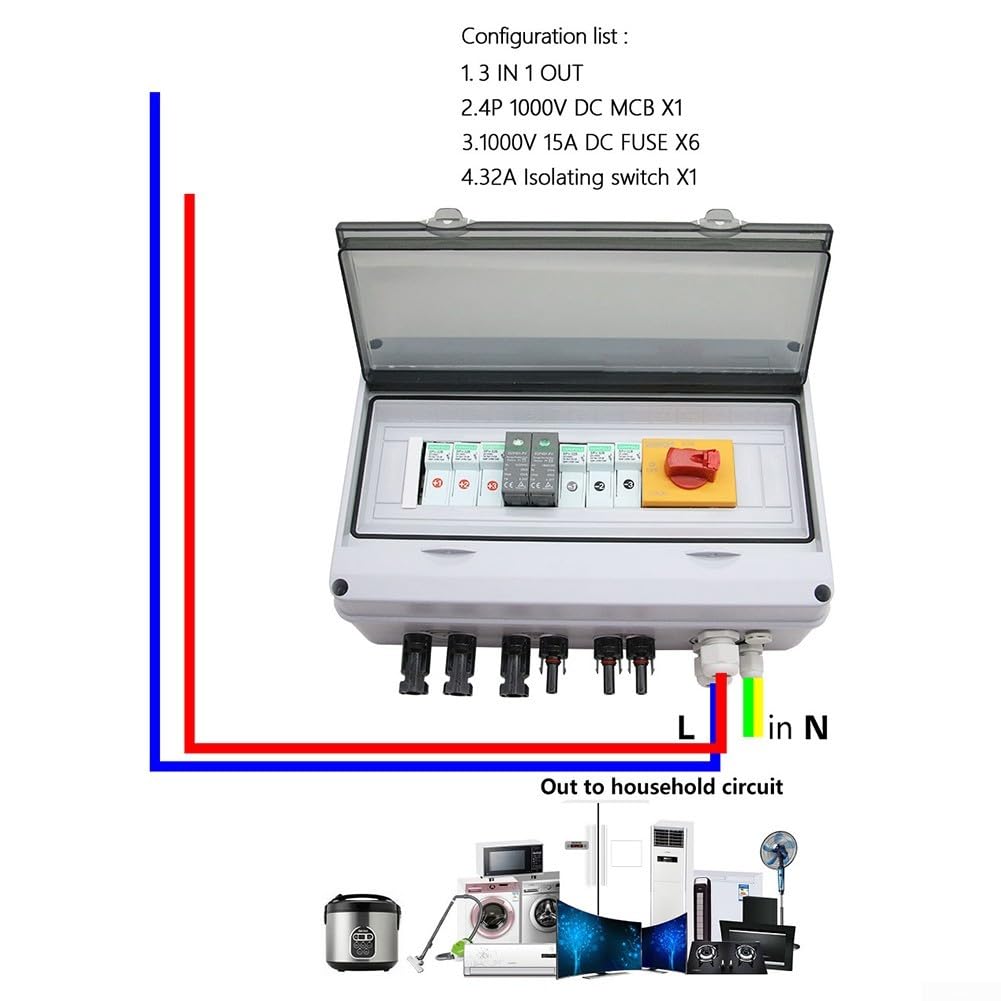 Caja combinadora solar fotovoltaica, 1000V 3 Disyuntor de protección de cuerdas, Interruptor de disyuntor de CC PV 3In 1Out, Caja combinada solar fotovoltaica