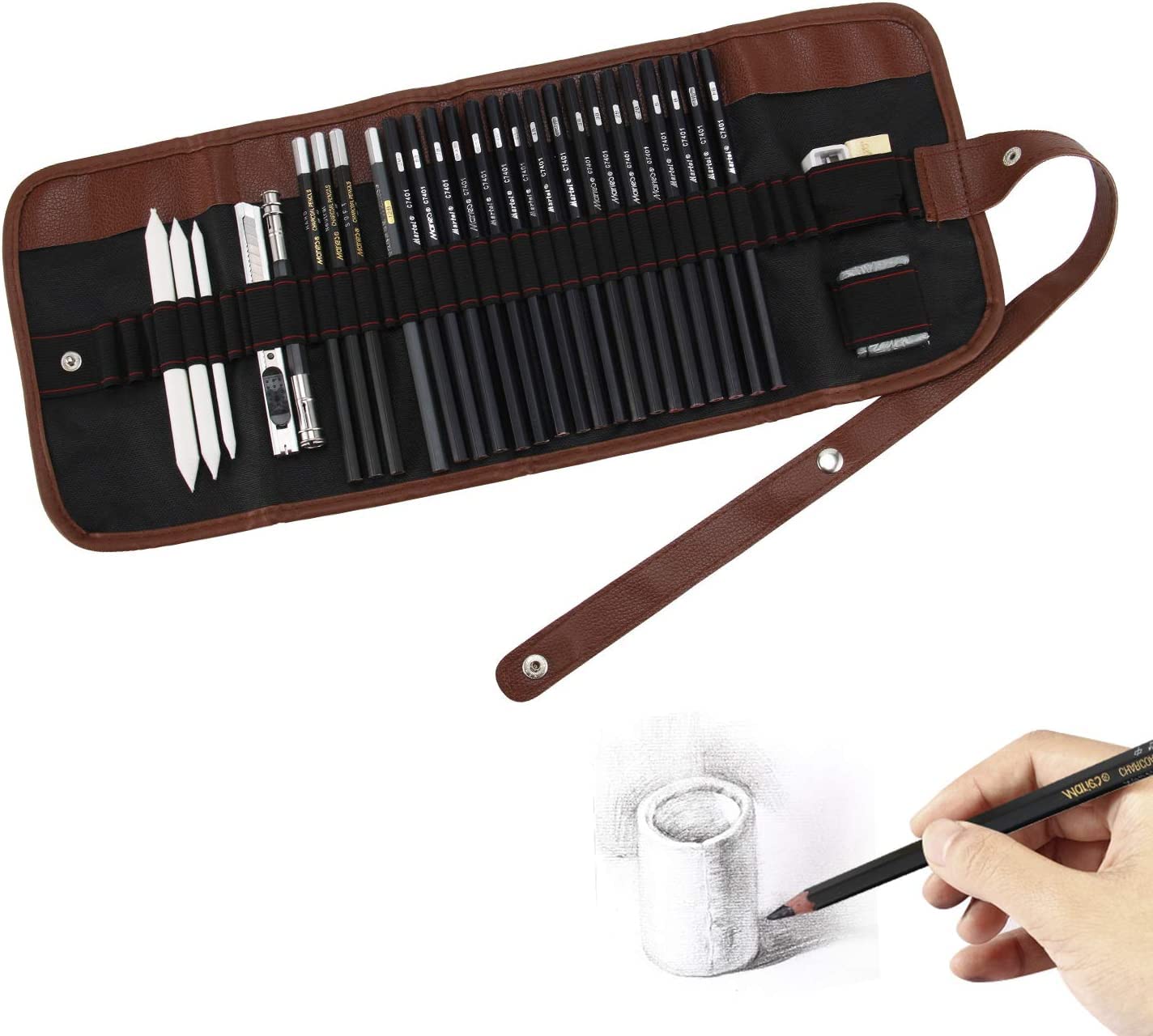 JIVRIX 28 Pack Professional All in One Drawing Sketching/Drawing Pencils Art Tool Kit With Graphite Pencils, Charcoal Pencils, Paper Erasable Pen, Craft Knife - Lightwish (With Canvas Rolling Pouch)