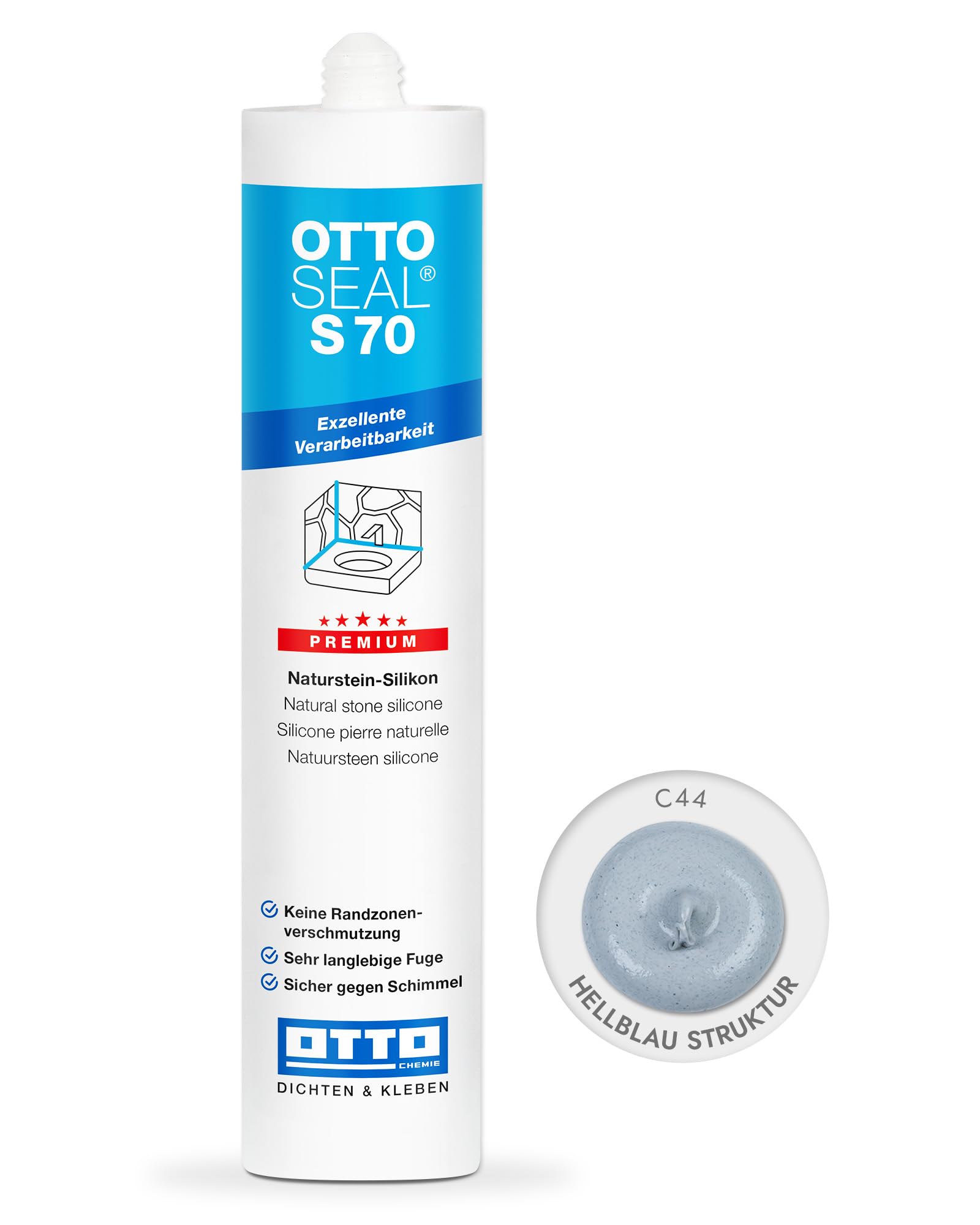 OTTOSEAL S 70 Premium-Naturstein-Silikon 310ml C44 hellblau struktur - Keine Randzonenverschmutzung - Sicher gegen Schimmel & ideal für Bad, Küche & Wohnbereich