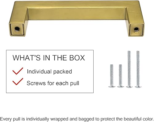 Miniatura 3 de Goldenwarm LSJ12GD192 - Manijas doradas de latón cepillado para cajones y armarios, manijas modernas y cuadradas para cocina, distancia de orificios