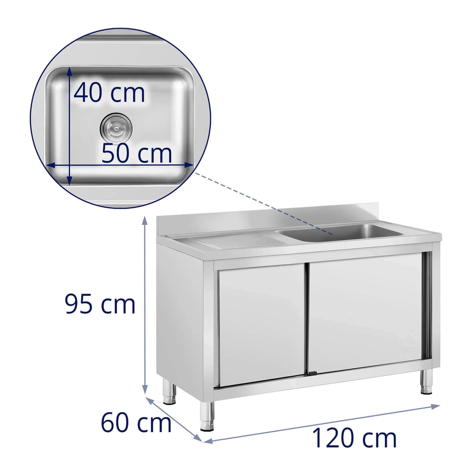 Royal Catering Lavello da Cucina in Acciaio Inox Lavello Armadiato RC-IKS07 (500 x 400 x 260 mm, Acciaio Inox, Alzatina 100 mm)