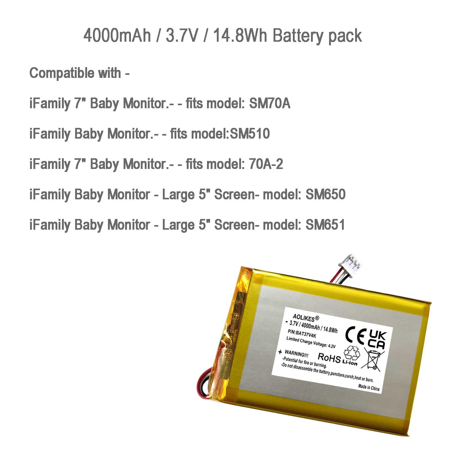 Batterie de rechange 4000 mAh 3,7 V pour Bonoch BBM03, BBM01 Babyphone vidéo Babysense HD S2