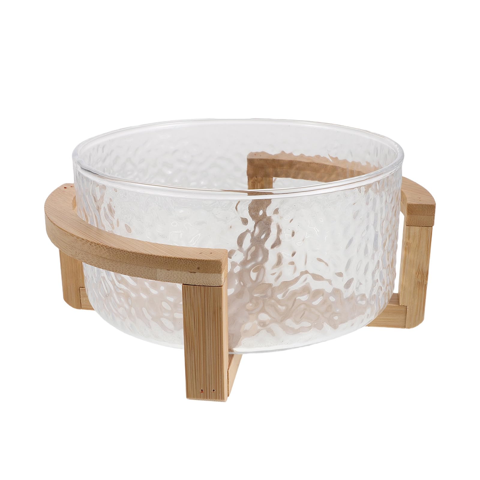 KALLORY Bol de Ensalada de Vidrio con Diseño Ondulado y Soporte de Bambú, Versátil para Servir y Fácil de Manejar en Reuniones al Aire Libre o Fiestas Emergentes